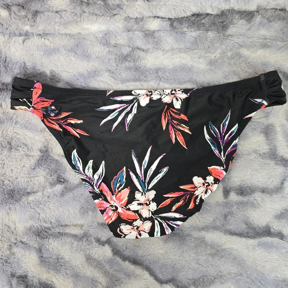 NWT Bar III Womens Tropical Floral Bikini Bottoms Black Pink size MD‎